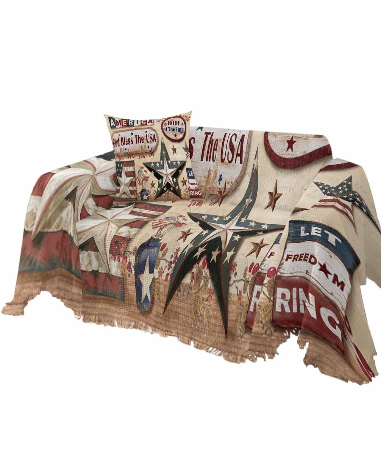 Country Barn Star Sofa Couch Covers for Dog,Washable Sofa Throw Cover Single Slipcovers for Armchair with Tassels,Browm Retro Berry 4th of July Couch Protector Towel Blanket Medium 71''x91''