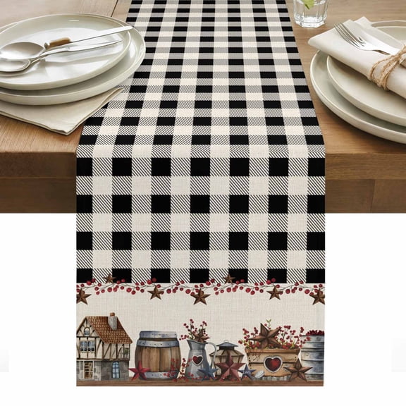 Country Barn Table Runner 13 x 36 Inch, House Bucket Farmhouse Black Buffalo Plaid Washable Cotton Linen Dining Table Runner Tabletop Decorations for Restaurant Home Kitchen Party