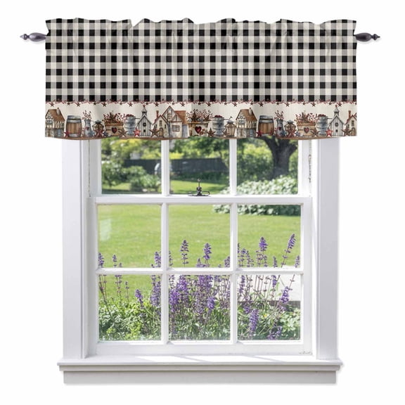 Country Barn Valances for Windows, House Bucket Farmhouse Black Buffalo Plaid Valance Window Treatment Rod Pocket Short Curtains Valances for Kitchen Bathroom 42"W x 18"L