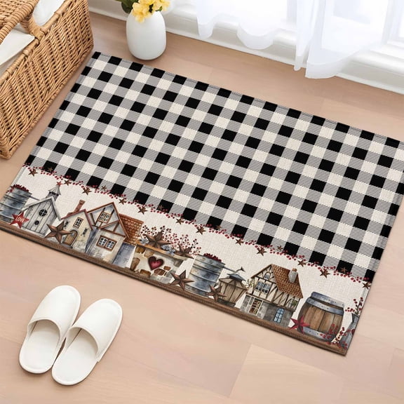 Country Barn Washable Area Rug 2 x 3 ft House Bucket Farmhouse Black Buffalo Plaid, Soft Non Slip Rugs Stain Repellent Indoor Felt Carpet for Living Dining Room Bedroom Home Office