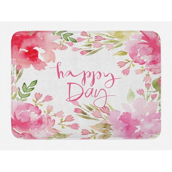 Country Bath Mat, Abstract Farm Style Image of Watercolor Flowers Leaves Frame Like Image, Non-Slip Plush Mat Bathroom Kitchen Laundry Room Decor, 29.5 X 17.5 Inches, Pale Pink and Green, Ambesonne