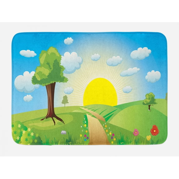 Country Bath Mat, Landscape of Hills Covered with Green Grass and Colorful Flowers with Sunrise View, Plush Bathroom Decor Mat with Non Slip Backing, 29.5" X 17.5", Multicolor, by Ambesonne