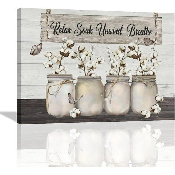 Country Bathroom Cotton Wall Art Farmhouse Cotton Bathroom Wall Decor Cotton Butterfly Relax Soak Unwind Breathe Bathroom Pictures Canvas Artwork Framed for Bathroom Laundry Bedroom Living Room