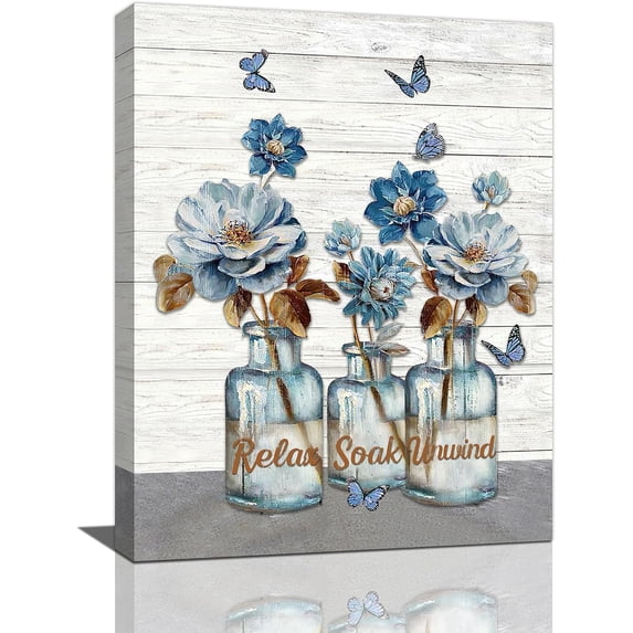 Country Bathroom Wall Art Farmhouse Flower Bathroom Wall Decor Rustic Blue Floral Butterfly Relax Soak Unwind Pictures Canvas Prints Framed Modern Artwork for Home Bathroom Toilet 12"x16"