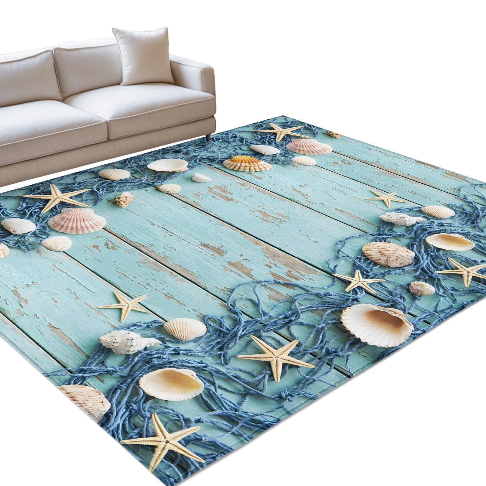 Country Beach Area Rugs 3x5ft Blue Wood Grain Seashell Conches Starfish ...