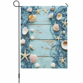 Country Beach Garden Flag 12 x 18 Inches, Blue Wood Grain Seashell Conches Starfish Rope Weather Proof Outdoor Patio Flags Double Sided Small Garden Decoration for Yard Outside Home