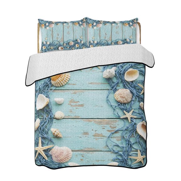 Country Beach Quilts Bedding Set King Size Blue Wood Grain Seashell Conches Starfish Rope Lightweight Quilted Bedspread 3 Piece Bed Quilt with 2 Pillow Shams All Season for Bedroom 90" x 96"