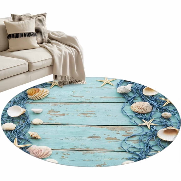 Country Beach Round Area Rugs 3 ft, Blue Wood Grain Seashell Conches Starfish Rope Washable Small Area Rug with Non-Slip Sturdy Edge Binding Round Front Door Mat Floor Carpet for Entryway