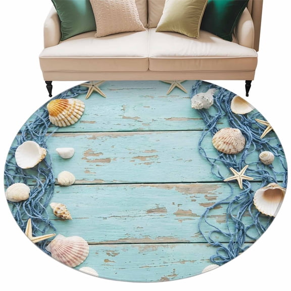 Country Beach Round Living Room Rugs 6 ft, Blue Wood Grain Seashell Conches Starfish Rope Washable Area Rug with Non-Slip Sturdy Edge Binding Round Carpet for Kitchen Office Bedroom