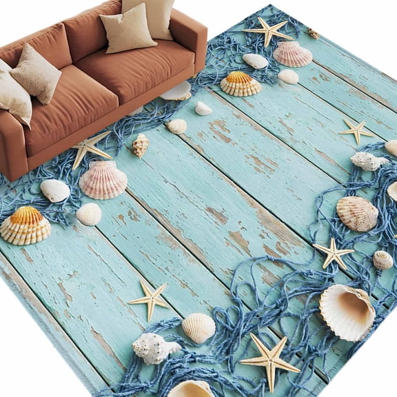 Country Beach Washable Living Room Rugs 9'x12', Blue Wood Grain Seashell Conches Starfish Rope Low Pile Throw Large Area Rug Non-Slip Sturdy Edge Binding Carpet for Bedroom Dining Room Office