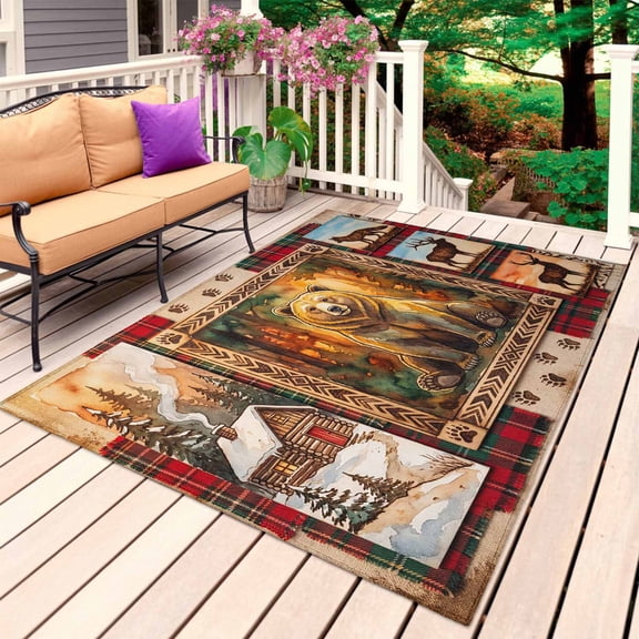 Country Bear Deer Outdoor Rug for Patio/Deck/Porch, Non-Slip Large Area Rug 3 x 5 Ft, Boho Retro Barn Forest Wolf Plaid Indoor Outdoor Rugs Washable Area Rugs, Reversible Camping Rug Carpet Runner