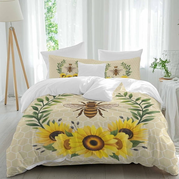 Country Bee Nests Queen Size Bed Set,Spring Yellow Sunflower Green Leaf Bedding for All Seasons,4 Pcs Bed Set,1 Quiltcover(90"x92"),1 Sheet(94"x116"),2 Pillowcases(30"x20")