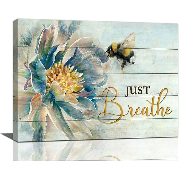 Country Bee Wall Art Rustic Floral Bee Pictures Wall Decor Farmhouse Flowers Canvas Print Just Breathe Painting Framed Home Artwork For Living Room Bathroom Bedroom Kitchen Office 16"x12"