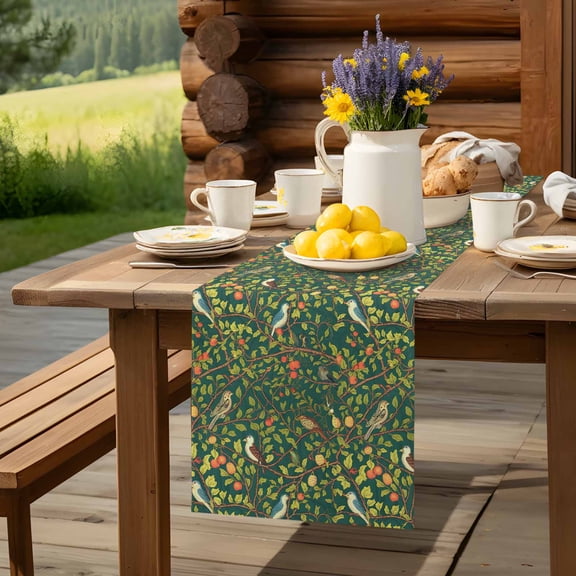 Country Bird Tree Branch Table Runner 13x48in Non-Slip Cotton Linen Table Runners, Farmhouse Leaf Botanical on Green Dresser Scarves TableRunner for Dinner Kitchen Dining Wedding Party