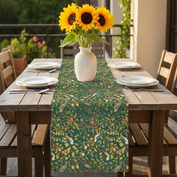 Country Bird Tree Branch Table Runner 36 Inches Long,Kitchen Dining Tablerunners Farmhouse Leaf Botanical on Green Linen Table Runners Dresser Scarves for Home Dinner Wedding Holiday Party Decor