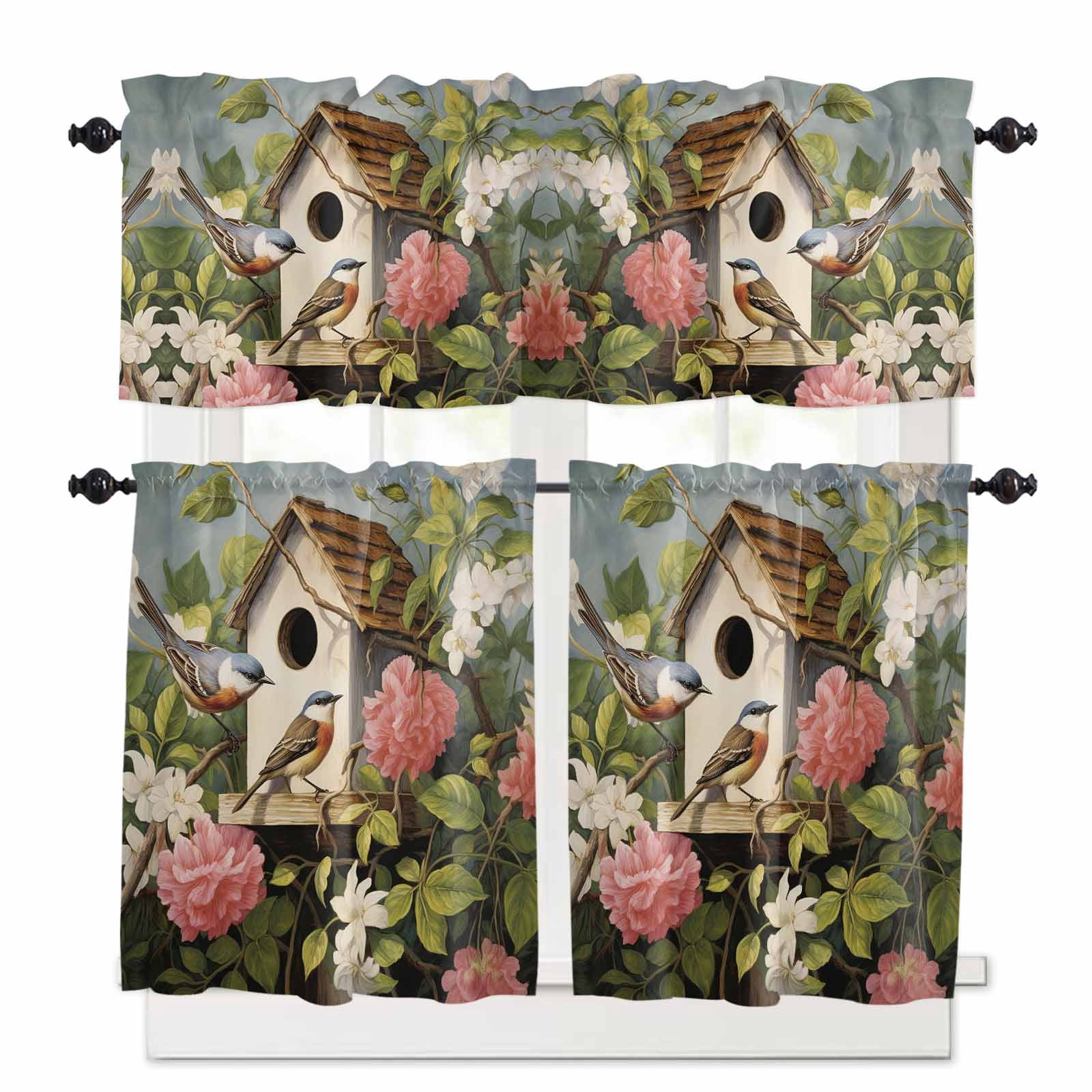 Watercolor Pink Flower & Bird Kitchen Curtain Set – 2 Tiers & 1 Valance (52"x24" Overall)