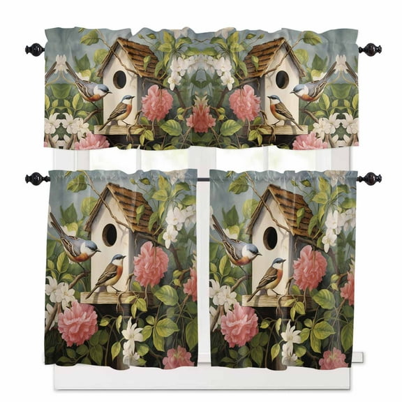 Country Birdhouse, Kitchen Curtains and Valances Set, 3 Piece Kitchen Curtains Set 36 Inch Length, Spring Summer Floral Leaves Plant Rod Pocket Curtains Tier Farmhouse Window Curtains