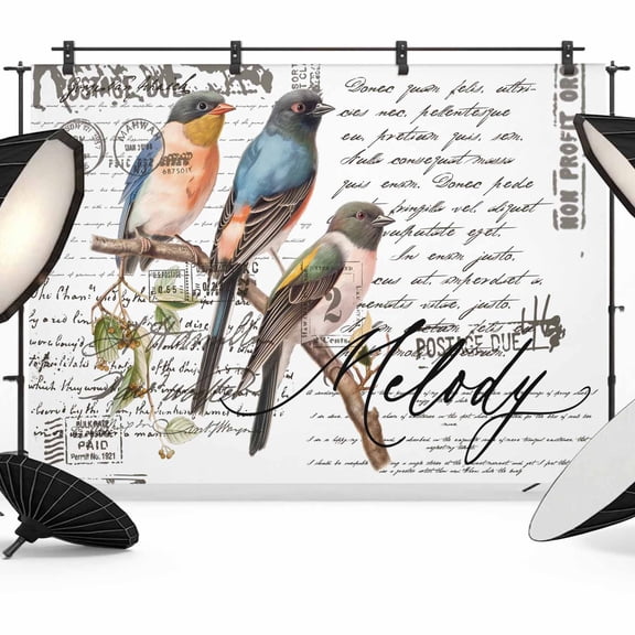 Country Birds Backdrop for Photography,Fabric Photo Background Backdrop,Envelope Postmark Farmhouse Botancial Photo Booth Background for Portrait Photoshoot Video Wedding Decoration Banner 7x5ft