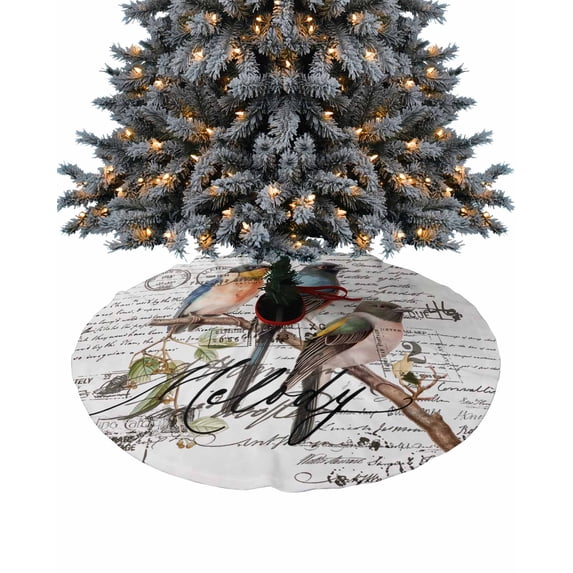 Country Birds Christmas Tree Skirt 48 Inches Large Christmas Skirt Tree, Envelope Postmark Farmhouse Botancial Tree Skirt Christmas Decorations for Fireplace Party Holidays Indoor Outdoor