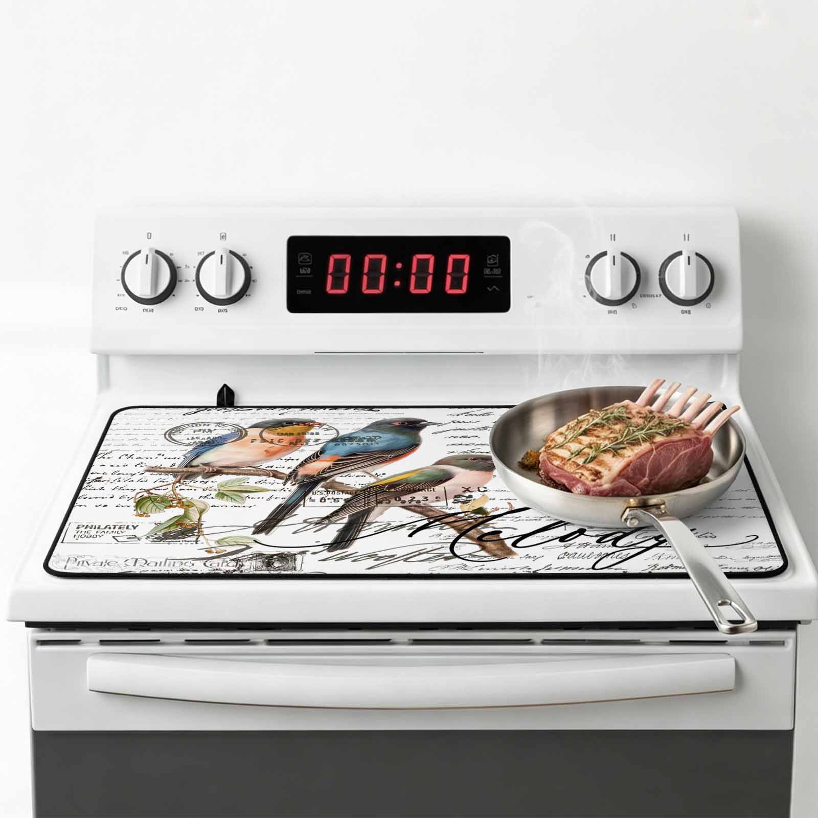 Country Birds Stove Top Cover for Electric Stove, Heat-proof & Non Slip Glass Top Stove Cover Protector, Envelope Postmark Farmhouse Botancial Kitchen Flat Cooktop Rubber Mat 24x21 Inches