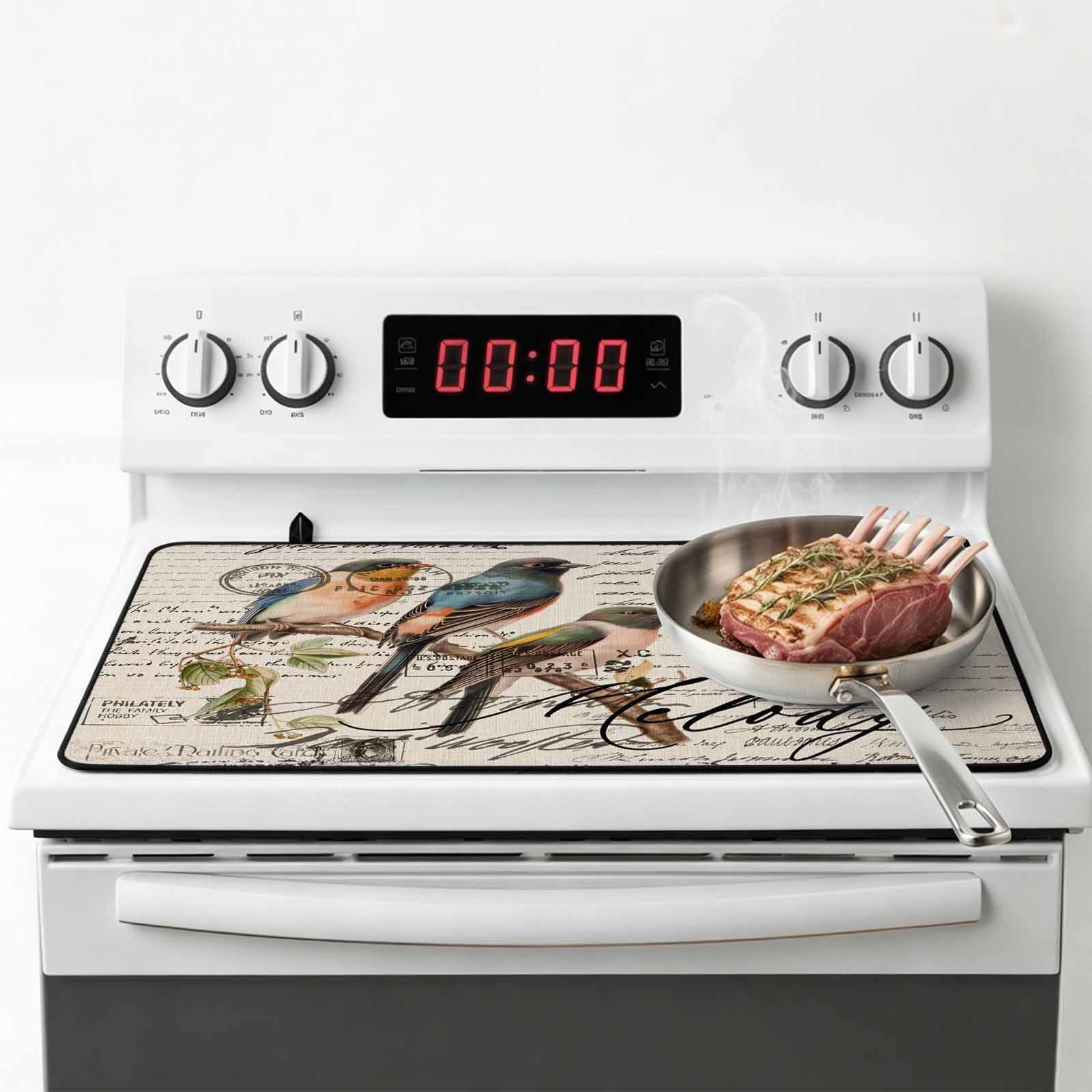 Country Birds Stove Top Cover for Electric Stove, Heat-proof & Non Slip Glass Top Stove Cover Protector, Envelope Postmark Vintage Farmhouse Botancial Kitchen Flat Cooktop Rubber Mat 31x24 Inches