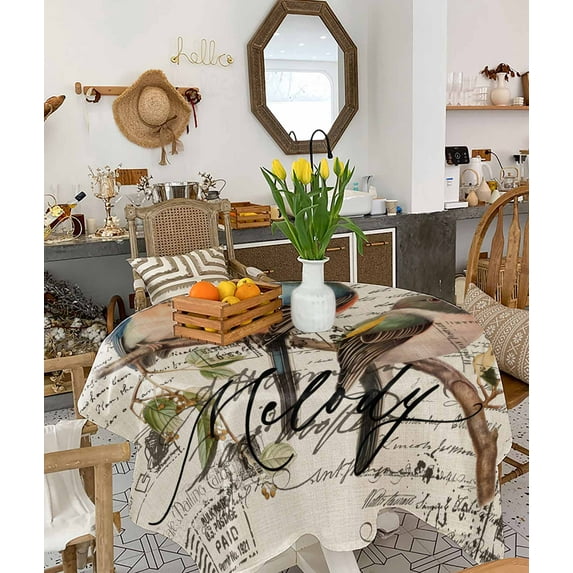 Country Birds Tablecloth Square Table Cloth 54x54, Waterproof Tablecloth Outdoor Table Cloth, Envelope Postmark Vintage Farmhouse Botancial Washable Table Cover for Kitchen Dining Party