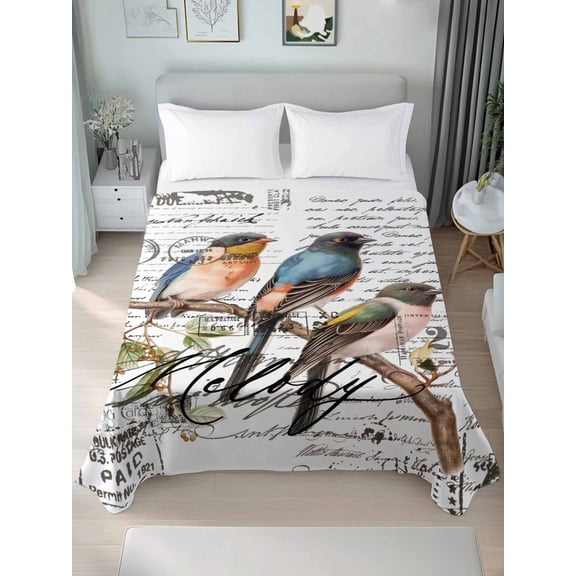 Country Birds Twim Size Flat Sheet, Wrinkleproof & Fadeproof Cooling Flat Bed Sheet Only, Envelope Postmark Farmhouse Botancial Breathable Soft Bedding Top Sheets 66 x 96 Inches
