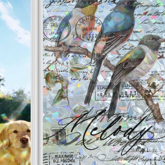 Country Birds Window Privacy Film Stain Glass,Reusable Decorative Rainbow Window Film,Envelope Postmark Farmhouse Botancial Static Cling Sun Blocking Stickers Decals Covers 23.6" x 59" (2pcs)