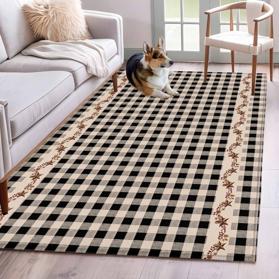 Country Black Buffalo Plaid Area Rugs 4x6 ft Retro Star Berries Vine Linen Texture Washable Rug Non Slip Indoor Carpet Absorbent Floor Mat for Living Room Bedroom Dining Room