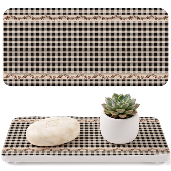 Country Black Buffalo Plaid Diatomaceous Earth Coasters, Retro Star Berries Vine Linen Texture Water Absorbent Diatomite Coaster, Bathroom Tray Stone Dish Drying Mat Kitchen Sink Tray 8.3x4in