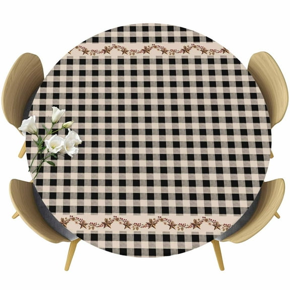 Country Black Buffalo Plaid Round Fitted Tablecloth with Elastic Edge, Retro Star Berries Vine Linen Texture Stretch Table Covers for 36"-44" Tables Wipeable Table Cloth for Outdoor