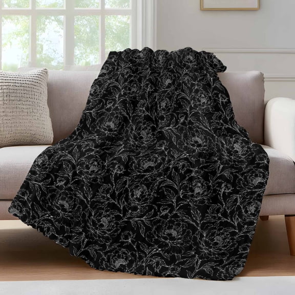 Country Black Wildflowers Throw Blanket for Couch Rustic Farmhouse Pastoral Floral Leaf Soft and Warm Flannel 3D Striped Fluffy Fuzzy Fleece Blanket Lightweight Throw for Bed, Sofa 40 x 60 Inches