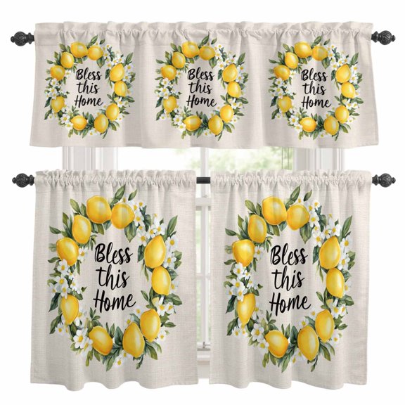 Country Bless This Home Kitchen Curtains Valances and Tiers Set of 3 Yellow Lemon Linen Texture Tier Curtains and Valance with Rod Pocket for Small Windows, 27.5"x24"