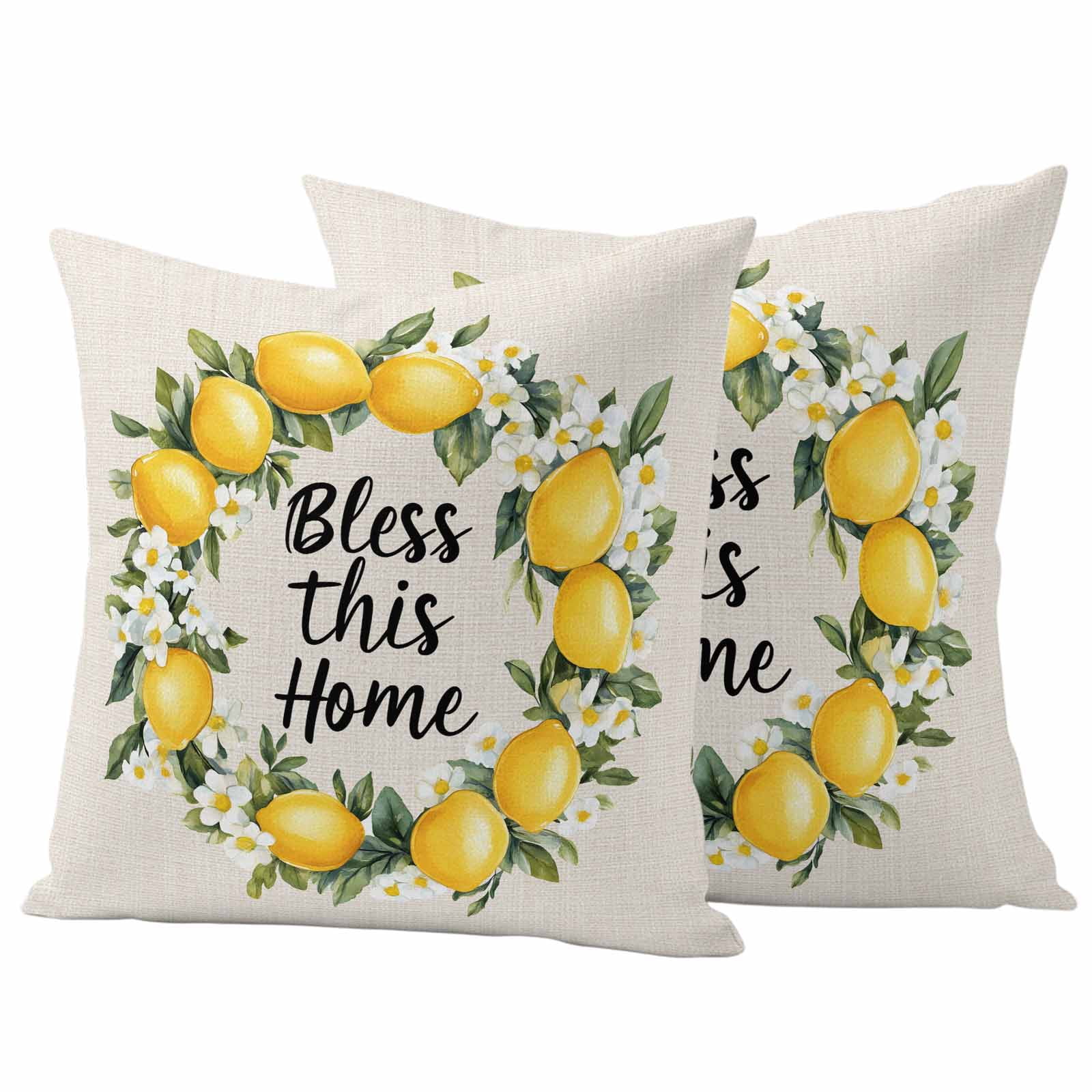 Country Bless This Home Pillow Covers 2 Pack Yellow Lemon Linen Texture Pillowcase Waterproof Outdoor Throw Pillow Cover for Patio Garden Square Cushion 24”x24”