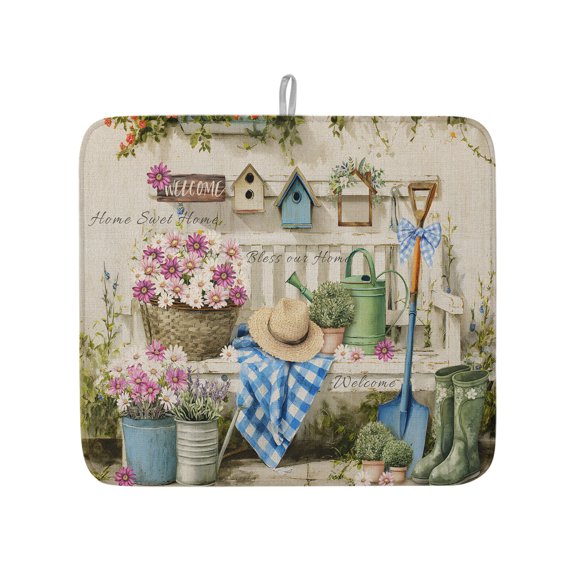 Country Blossom Flower Leaf Dish Drying Mats for Kitchen Counter,Absorbent Microfiber Dish Drainer Rack Mat Rustic Pastoral Farmhouse Theme Drying Pad for Sinks,Utensils,Countertops,16x18in