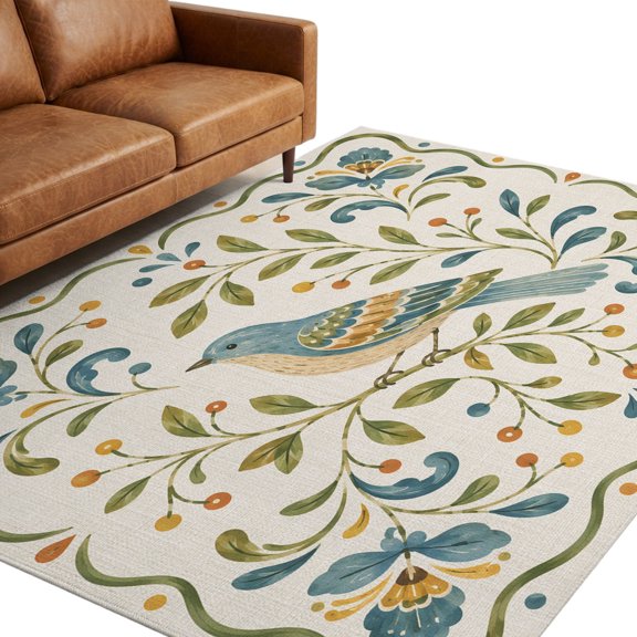 Country Blue Bird Washable Area Rug 9 x 12 ft Rustic Pastoral Flowers Berry Green Leaf Plaid Soft Non‑Slip Rugs Stain Repellent Indoor Mats for Expansive Great‑Room, Living‑Dining Open Space