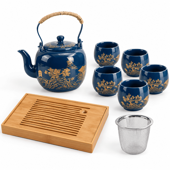 Country Blue Ceramic Tea Set with Teapot, Strainer, Tray and 6 Cups for ...