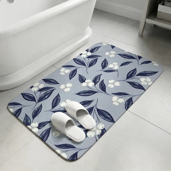 Country Blue Leaves Bathroom Rugs Non Slip Washable Bath Mat Absorbent Front Door Mat White Berries Farmhouse Botanical Indoor Doormat for Kitchen Entryway Shower Decor Accessories 15.7"x23.6"