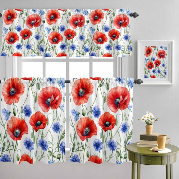 Country Blue Red Flowers Leaves Curtain Tier and Valance Set 3 Piece, Spring Botantical 3-inch Rod Pocket Window Tier Curtains Valance for Kitchen Living Room