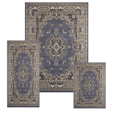 Country Blue Traditional Oriental 3PC Rug Set - Area Rug (5' x 7'), Runner (2' x 5'), Accent Mat (2' x 3)