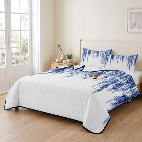Country Blue Willow Leaf 3 Pieces Quilt Set,1 Quilt with 2 Shams,Watercolor Leaves Bedspread Soft Lightweight Bedding Coverlet Comforter Set for All Season 90"x96"