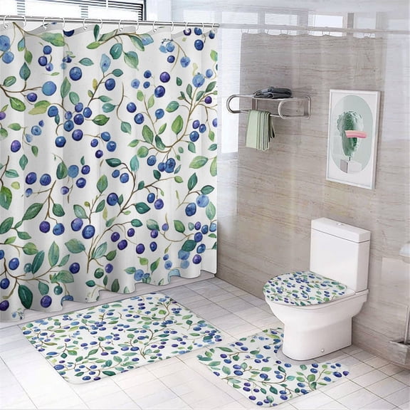 Country Blueberries Shower Curtain 4 Piece Sets Bath Mat U-Shaped Floor Mat Toilet Lid Oval Rug Summer Fresh Fruits Waterproof Fabric Bath Curtains for Bathroom Decor