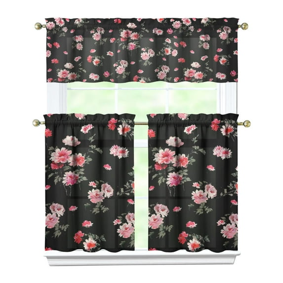 Country Bohemian Curtains 36 Inch - 3 Panel Rustic Floral Set with Vintage Botanical Print, Rod Pocket Kitchen Window Drapes for Farmhouse Style