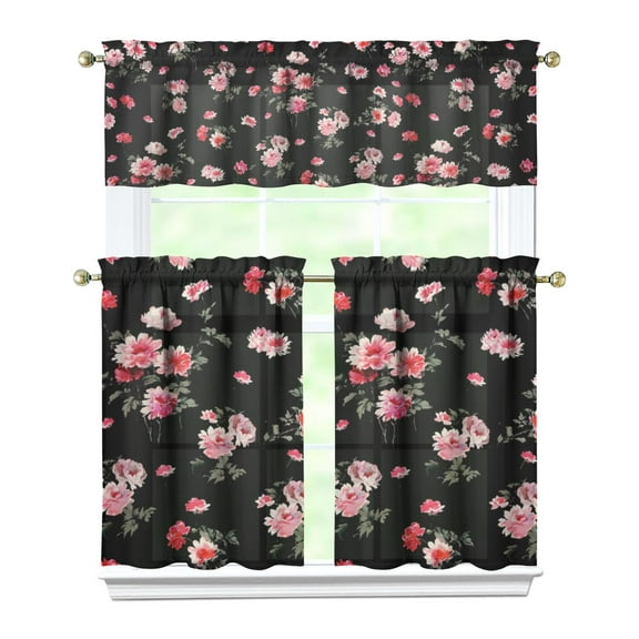 Country Bohemian Curtains 36 Inch - 3 Panel Rustic Floral Set with Vintage Botanical Print, Rod Pocket Kitchen Window Drapes for Farmhouse Style