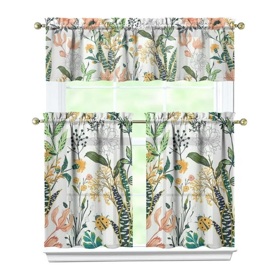 Country Bohemian Curtains 36 Inch - 3 Panel Rustic Floral Set with Vintage Botanical Print, Rod Pocket Kitchen Window Drapes for Farmhouse Style