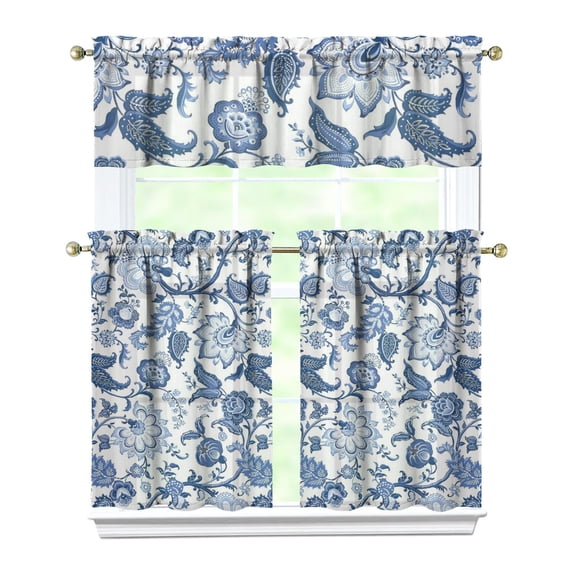 Country Boho Curtains 36 Inch Short - 3 Panel Floral Farmhouse Set with Vintage Botanical Design, Rod Pocket Window Treatment for Rustic Style