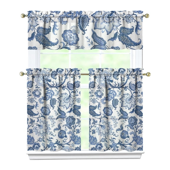 Country Boho Curtains 36 Inch Short - 3 Panel Floral Farmhouse Set with Vintage Botanical Design, Rod Pocket Window Treatment for Rustic Style