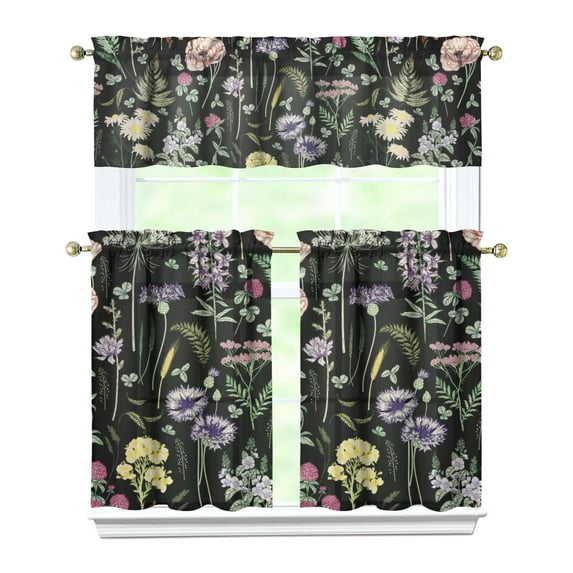 Country Boho Curtains 36 Inch Short - 3 Panel Floral Farmhouse Set with Vintage Botanical Design, Rod Pocket