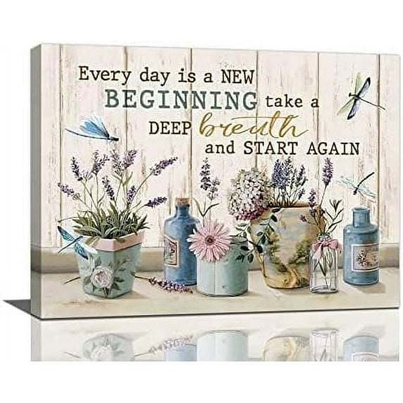 Country Botanical Floral Wall Art Farmhouse Flower Dragonfly Pictures Wall Decor Positive Inspirational Canvas Painting Prints Framed Artwork for Bedroom Kitchen Bathroom Living Room Office 16"x12"