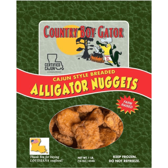 Country Boy Gator, Breaded Alligator Nuggets, Frozen, Contains: Wheat, 1lb (16 oz).